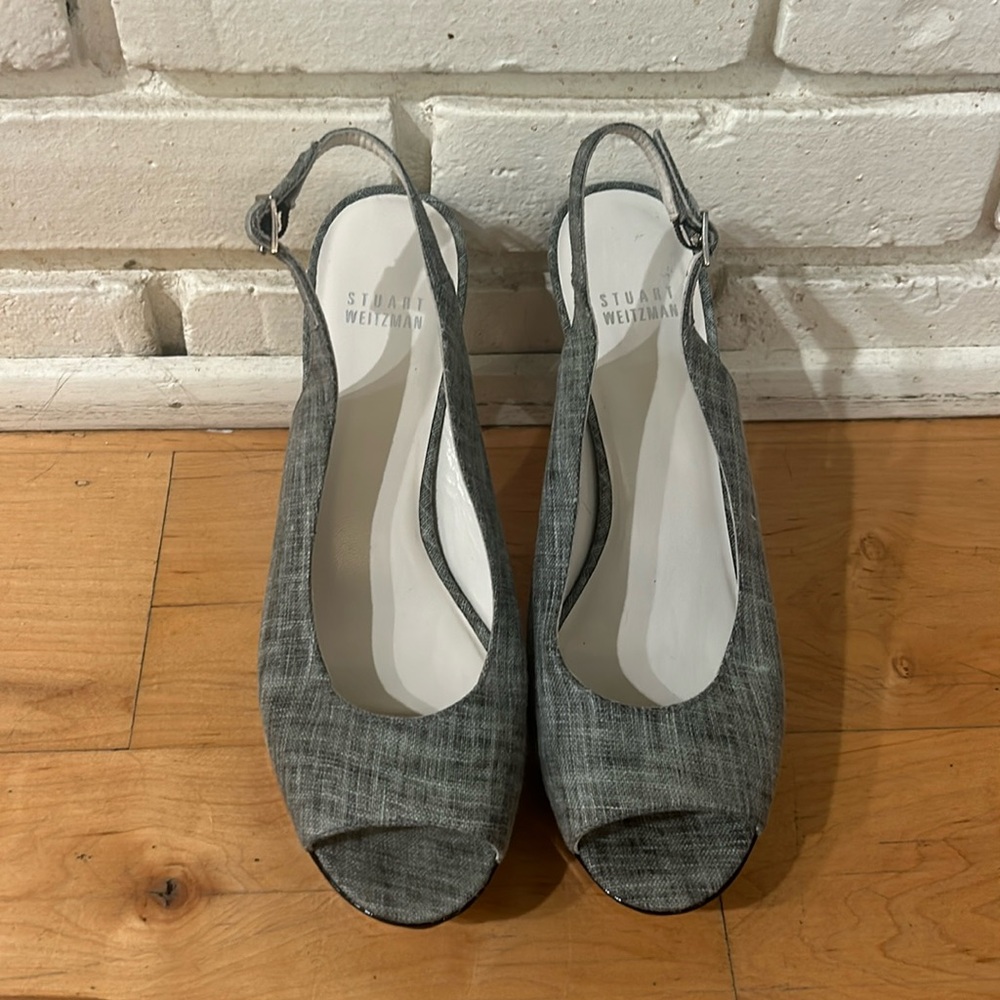 Stuart Weitzman Linen Peep Toe Platform Heel - Size 8